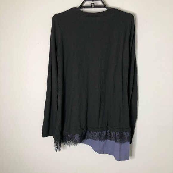 LOGO Lori Goldstein Black Asymmetrical Lace Long Sleeve Tee - Picture 2 of 8